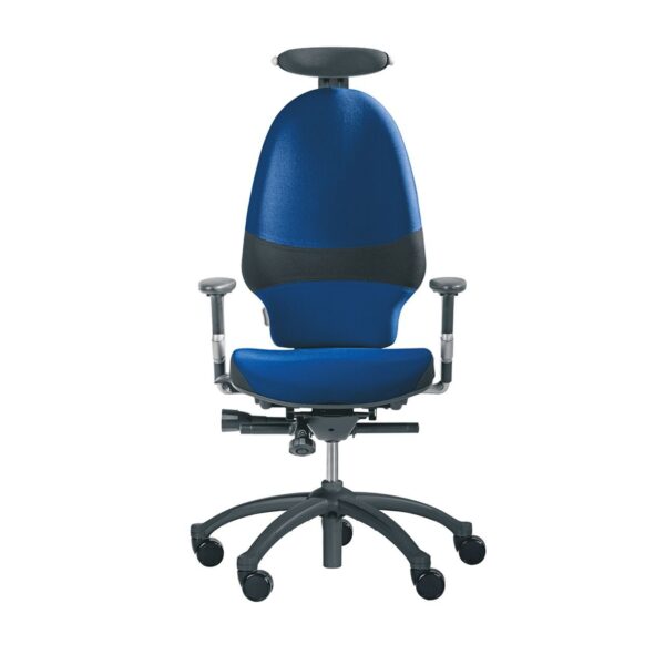 De RH Extend Large bureaustoel met blauwe bekleding met neksteun.
