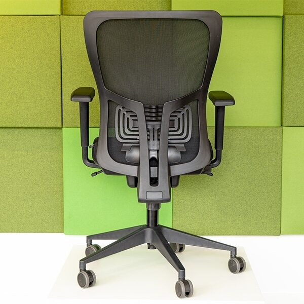 Achteraanzicht van de Ergowork 250 ergonomische bureaustoel met rugleuning en aanpasbare ondersteuning tegen een groene achtergrond.