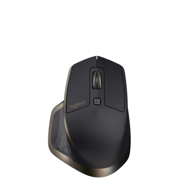 Achteraanzicht van de Logitech MX Master muis met ergonomische vorm en duimsteun.