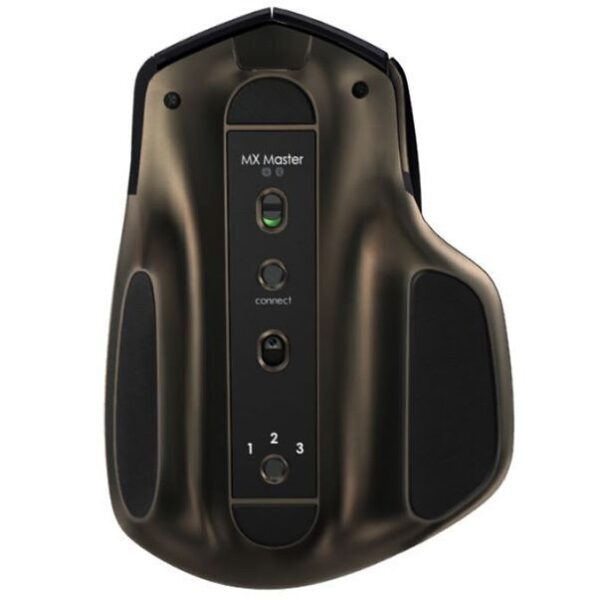 Onderkant van de Logitech MX Master muis met Bluetooth- en USB-verbinding en Easy-Switch-knop