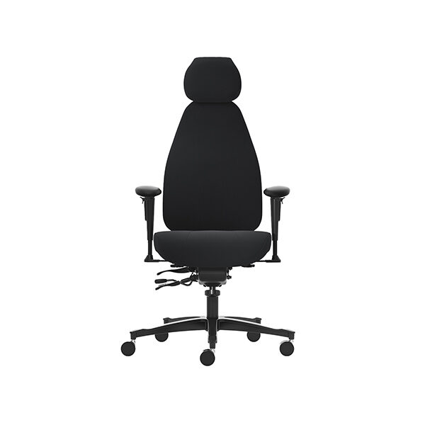 Frontaal beeld van de Malmstolen Classic 4000, een ergonomische bureaustoel met verstelbare zithoogte, rugleuning en armleuningen. Ideaal voor langdurig zitcomfort en een gezonde werkhouding.