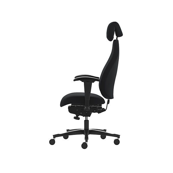 Zijaanzicht van de ergonomische Malmstolen Classic 4000 bureaustoel. Duidelijk zichtbaar zijn de verstelbare rugleuning, armsteunen en de hoofdsteun die extra nekondersteuning biedt.