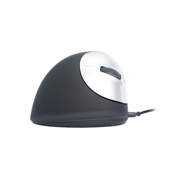Linkerzijaanzicht van de R-Go HE Break ergonomische muis met zilverkleurige zijkant en bedrade aansluiting.