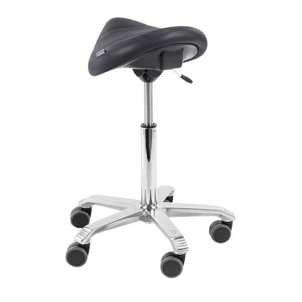 Achteraanzicht van de Score Amazone kruk met ergonomisch zadel en metalen voetkruis