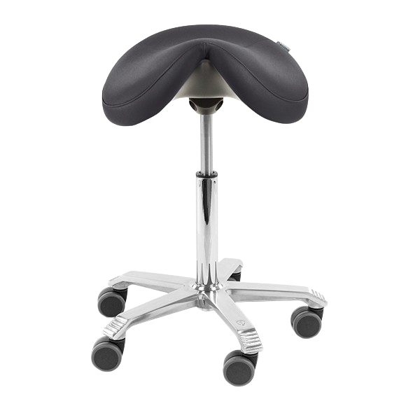 Rugaanzicht van de Score Jumper ergonomische zadelkruk met brede zadelzitting en verchroomd onderstel