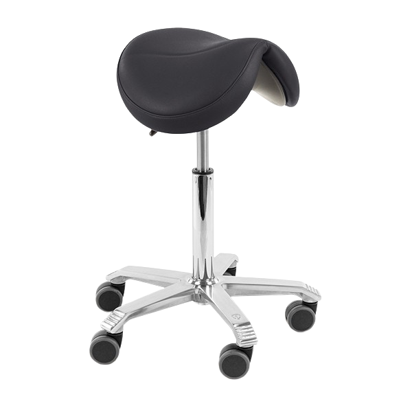 Schuin vooraanzicht van de Score Jumper zadelkruk met ergonomische vormgeving en kantelbare zithoek